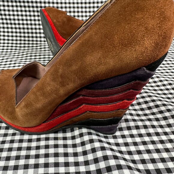 Miu Miu Vintage Y2K Suede Brown Rainbow Wedge Peep Toe Heel EU 38.5 / US 8.5 - Picture 4 of 7